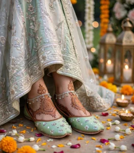 Mint green bridal khussa with silver sequin work styled with mehndi lehenga
