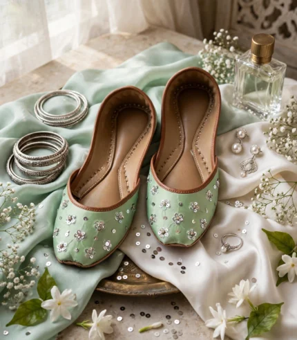 Mint green khussa flat lay with silver bangles, earrings and jewelry