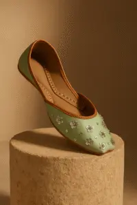 Side view of mint green tilla khussa on display stand — handcrafted women jutti Pakistan