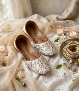 Ivory mirror work bridal khussa flat shoes with tan leather trim