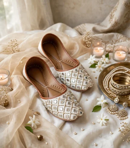 Ivory mirror work bridal khussa flat shoes with tan leather trim