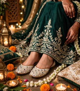 Bride wearing mirror work bridal khussa with green mehndi outfit and henna
