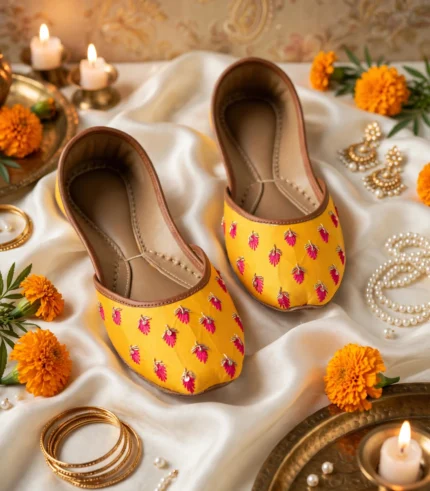 Top view of mustard bridal jutti with bangles and pearls