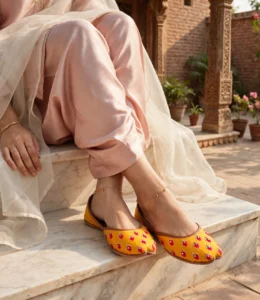 Mustard bridal jutti worn with pink shalwar in haveli courtyard