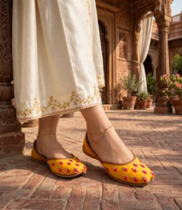 Woman walking in mustard bridal jutti near Mughal haveli pillars