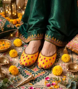 Mustard bridal jutti styled with mehndi flowers and diyas