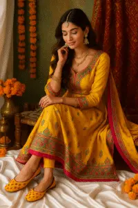 Pakistani woman in mustard yellow bridal dress wearing matching embroidered khussa jutti sitting gracefully