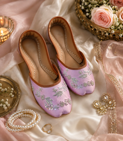 Pink bridal khussa with roses and pearls flat lay