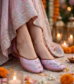 Pink bridal khussa with lehenga and mehndi decor