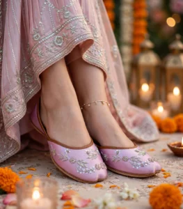 Pink bridal khussa with lehenga and mehndi decor