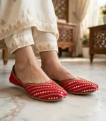 Close up of red bridal khussa for women handmade in Pakistan