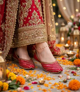Red bridal khussa for women worn with mehndi bridal dress in Pakistan