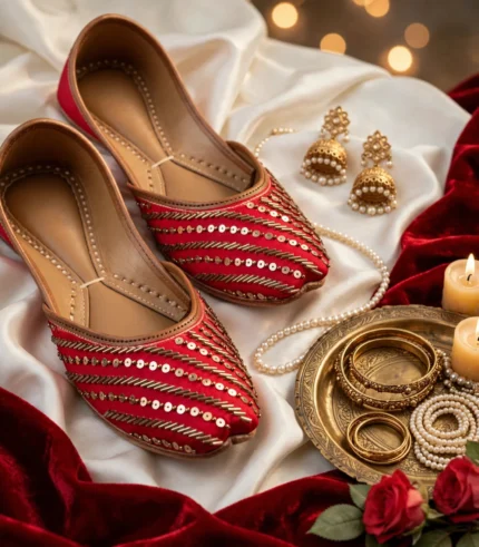 Red bridal khussa Pakistan paired with gold jewelry and pearls