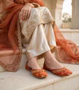 Rust orange bridal khussa on marble steps