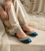 Thin sole bridal khussa with pearl anklet and satin outfit
