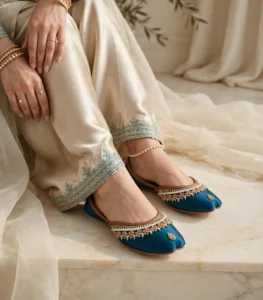 Thin sole bridal khussa with pearl anklet and satin outfit