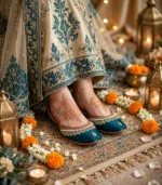 Thin sole bridal khussa worn with mehndi henna and gold lehenga