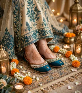Thin sole bridal khussa worn with mehndi henna and gold lehenga