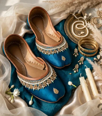 Teal thin sole bridal khussa with pearl and kundan embroidery