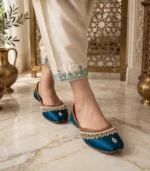 Thin sole bridal khussa styled with embroidered cream trousers