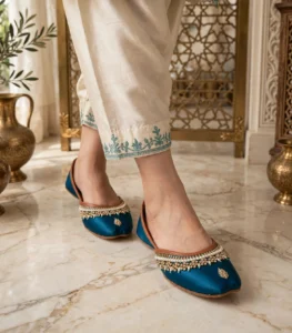 Thin sole bridal khussa styled with embroidered cream trousers