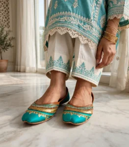 Turquoise Khussa for Women styled with white embroidered suit