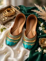 Turquoise Khussa for Women with gold sequin embroidery