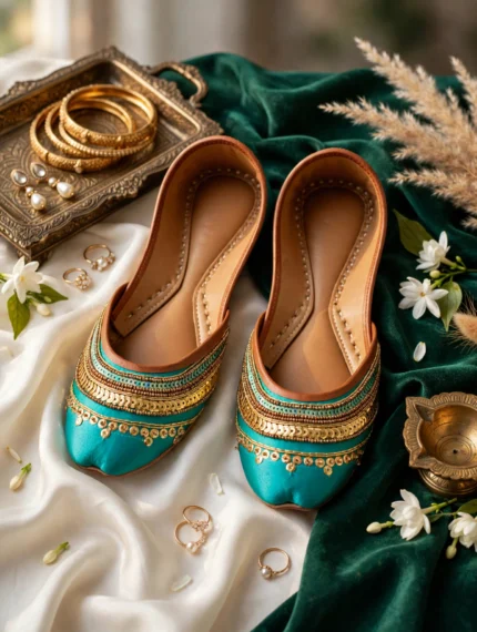 Turquoise Khussa for Women with gold sequin embroidery