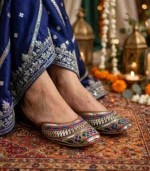 Wedding khussa shoes Pakistan paired with navy bridal dress and mehndi lanterns