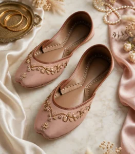 Top view flat lay of handmade bridal khussa for women with gold bangles and pearls