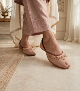 Close-up of bridal khussa for women showing floral bead embroidery detail