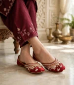 Bridal khussa for women paired with maroon floral embroidered shalwar kameez