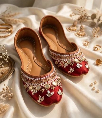 Bridal khussa for women pair with pearl and kundan embellishment, flat lay with jewelry