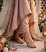 Bridal khussa for women styled at a wedding mehndi setup with lanterns and flowers