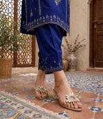 Clear block heel crystal sandals styled with royal blue embroidered suit for wedding wear