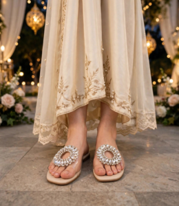 Embellished crystal flat sandals for bridal and festive wear with ivory embroidered dress