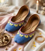 Handmade embroidered denim khussa for women with pink beaded border and tan leather trim