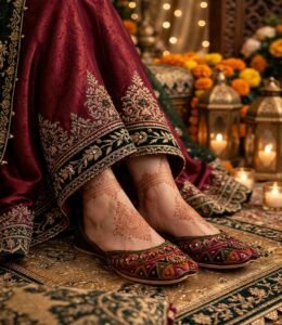 Bridal mehndi feet wearing embroidered khussa for women with maroon lehenga