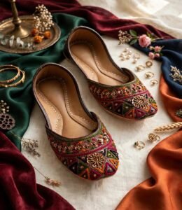 Handmade embroidered khussa for women displayed flat-lay with bangles and earrings