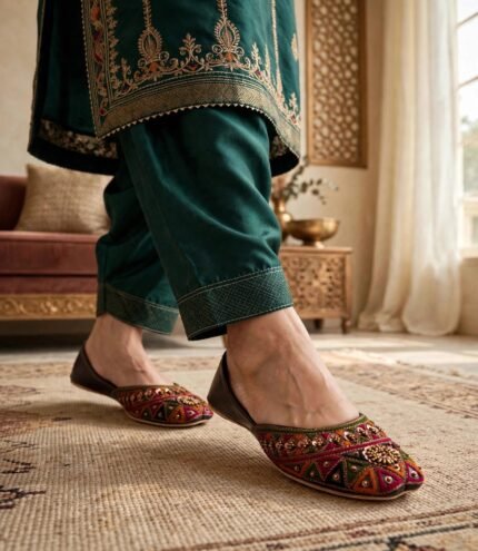 Model walking in embroidered khussa for women with traditional green outfit