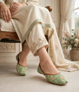 Embroidered sage green khussa styled with a cream shalwar kameez