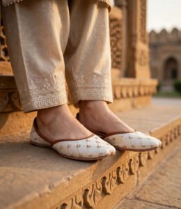 Embroidered khussa shoes for women styled outdoors at heritage site