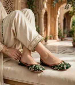 Pakistani emerald green bridal khussa handcrafted with pearl detailing