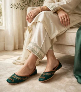 Woman wearing emerald green bridal khussa with cream shalwar kameez