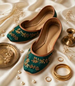 Emerald green bridal khussa with gold hand embroidery on silk background