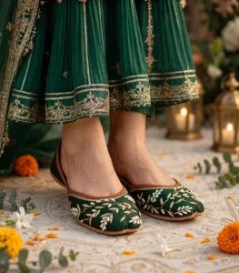 Emerald green bridal khussa paired with matching green embroidered lehenga
