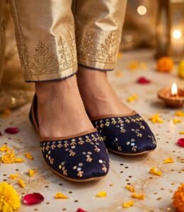 Navy embroidered khussa styled with gold trousers for Eid and mehndi