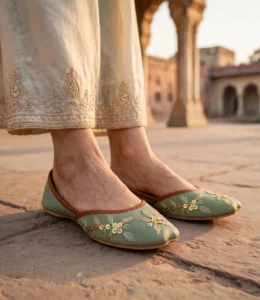 Flat sole women's khussa in sage green worn with embroidered cream trousers