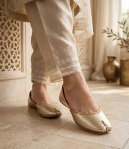 Gold khussa for women styled with beige embroidered trousers