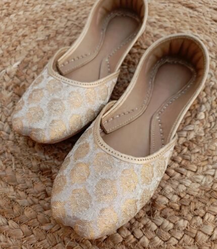 Golden bridal khussa shoes in ivory and gold brocade with handmade leather lining